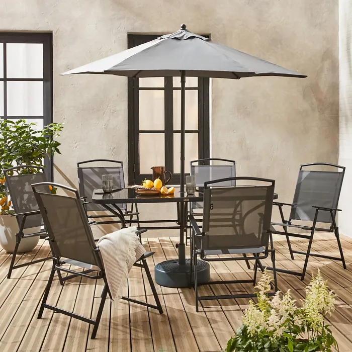 sweeek - 6-seater metal dining set with foldable chairs and parasol Sonia Grey 140x80x71.5 cm