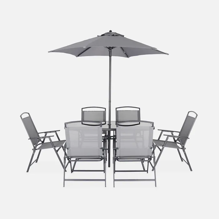 sweeek - 6-seater metal dining set with foldable chairs and parasol Sonia Grey 140x80x71.5 cm