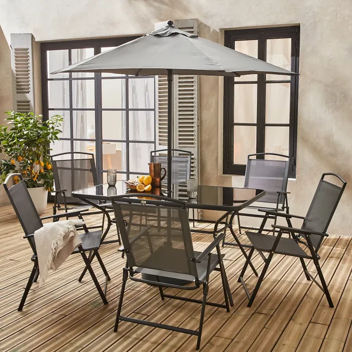 sweeek - 6-seater metal dining set with foldable chairs and parasol Sonia Grey 140x80x71.5 cm