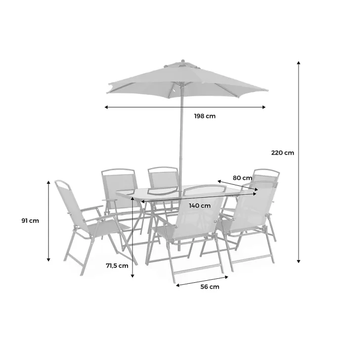 sweeek - 6-seater metal dining set with foldable chairs and parasol Sonia Grey 140x80x71.5 cm