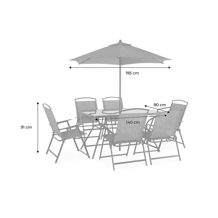 sweeek - 6-seater metal dining set with foldable chairs and parasol Sonia Grey 140x80x71.5 cm