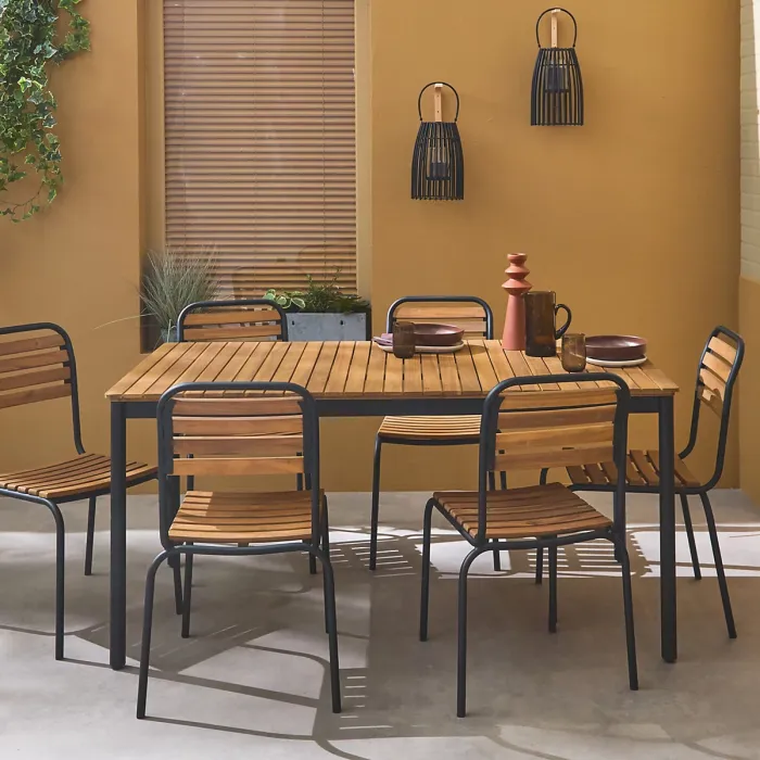 sweeek - 6-seater wooden and steel garden table Tabara Black 160x90x75 cm