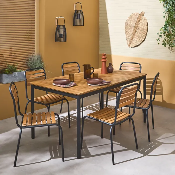 sweeek - 6-seater wooden and steel garden table Tabara Black 160x90x75 cm