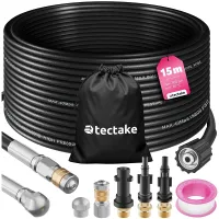 Drain cleaning hose set including 2 nozzles & 3 adapters 15 m - black
