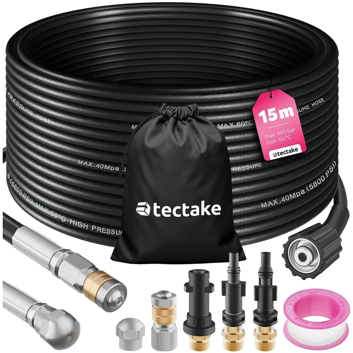 Drain cleaning hose set including 2 nozzles & 3 adapters 15 m - black