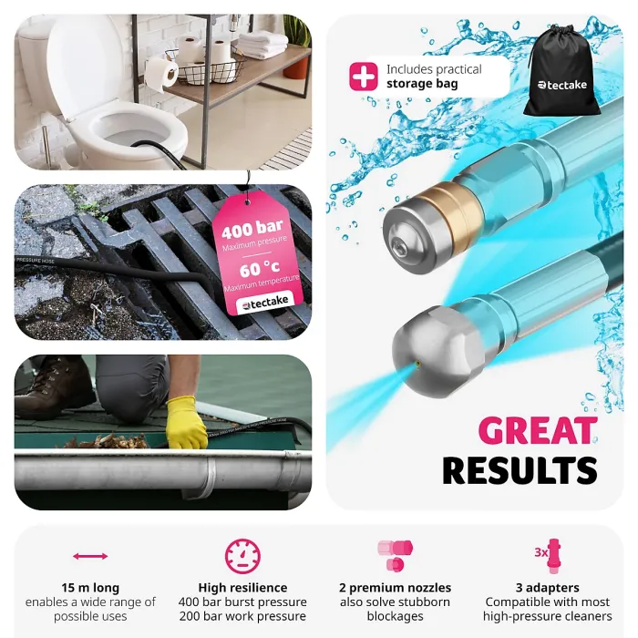 Drain cleaning hose set including 2 nozzles & 3 adapters 15 m - black