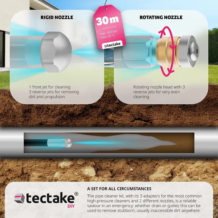 Drain cleaning hose set including 2 nozzles & 3 adapters 30 m - black