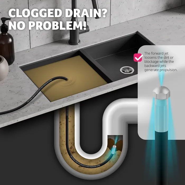 Drain cleaning hose set including 2 nozzles & 3 adapters 30 m - black