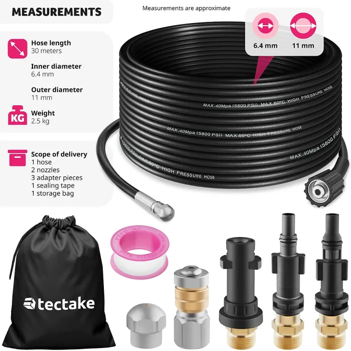 Drain cleaning hose set including 2 nozzles & 3 adapters 30 m - black