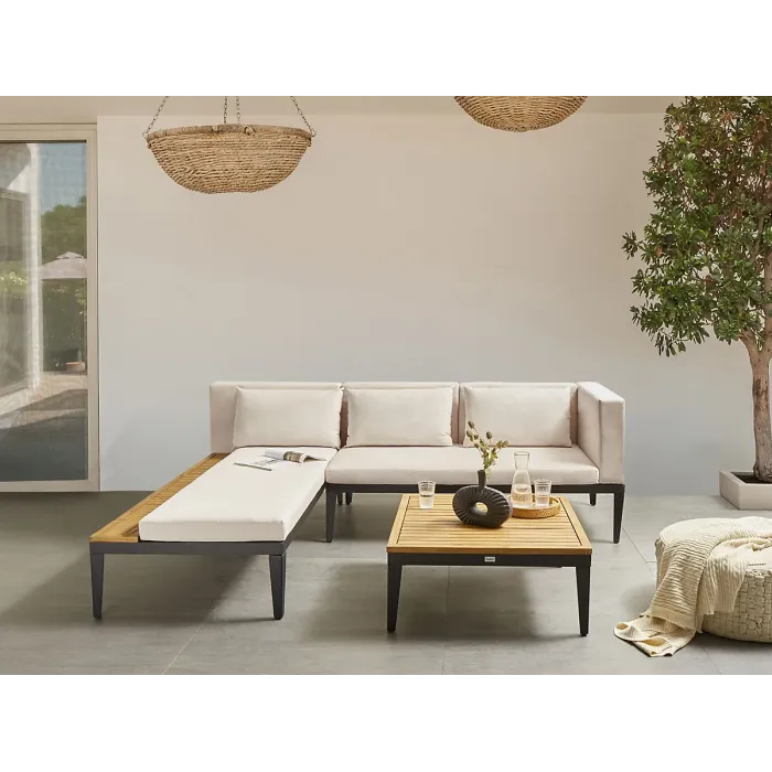 Garden Corner Sofa with Table 3 Seater BRACCIANO Right Hand Certified Acacia Wood Light Beige