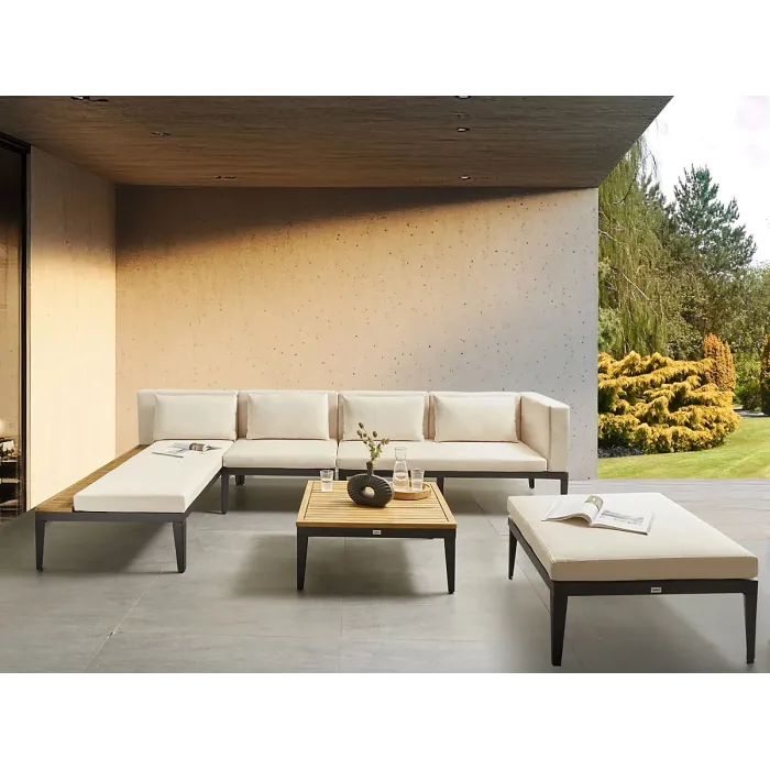 Garden Lounge Set with Table and Ottoman 4 Seater BRACCIANO Right Hand Certified Acacia Wood Light Beige