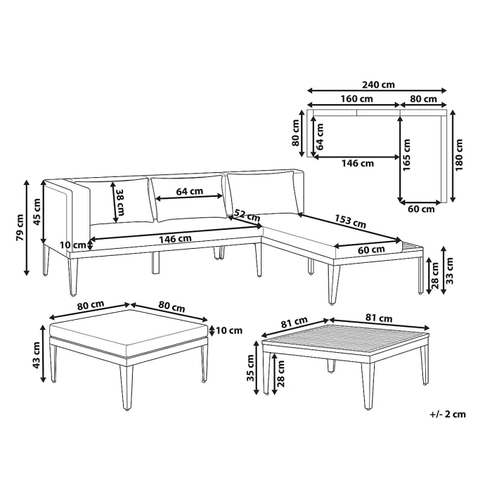 Garden Lounge Set with Table and Ottoman 3 Seater BRACCIANO Left Hand Certified Acacia Wood Light Beige