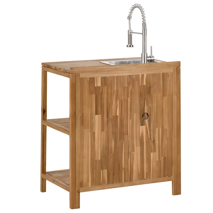 Outdoor Kitchen Island with Sink VENOSA Acacia Wood Brown/ Silver