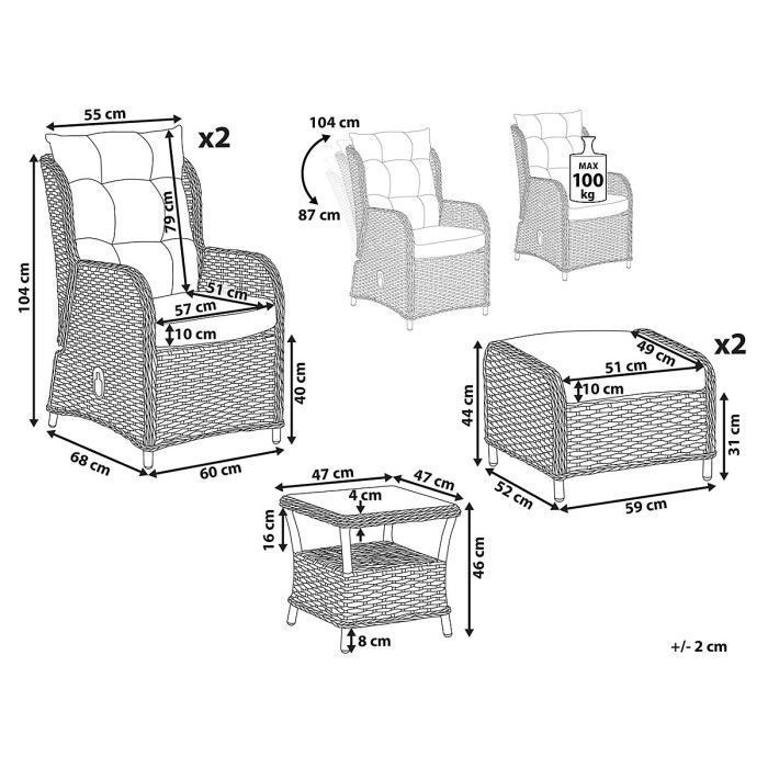 Garden Lounge Set with Table and Ottoman 2 Seater PONZA PE Rattan Brown