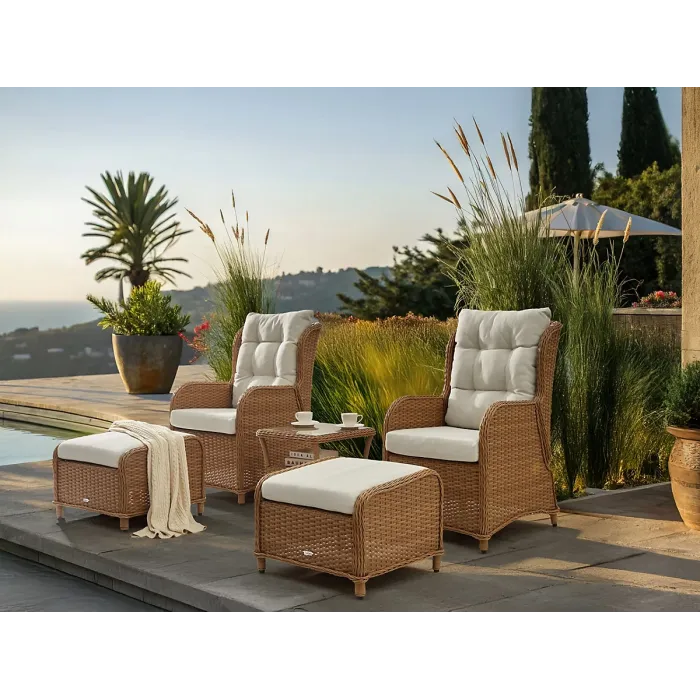 Garden Lounge Set with Table and Ottoman 2 Seater PONZA PE Rattan Brown