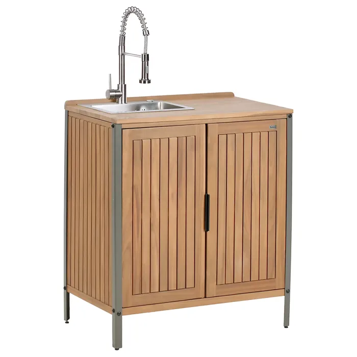 Outdoor Kitchen Cabinet with Sink IVREA Certified Acacia Wood Brown/ Silver