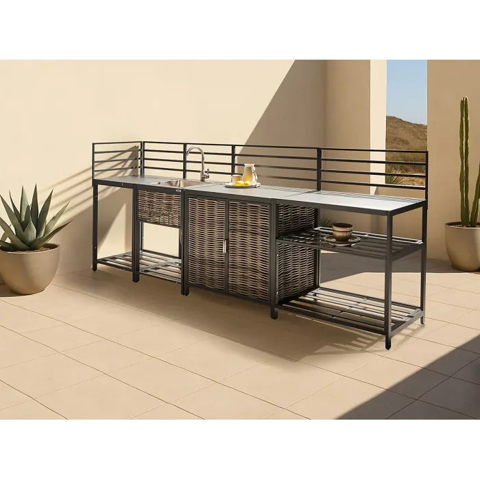 4 Piece Outdoor Kitchen Set with Sink MIRADOR PE Rattan Grey