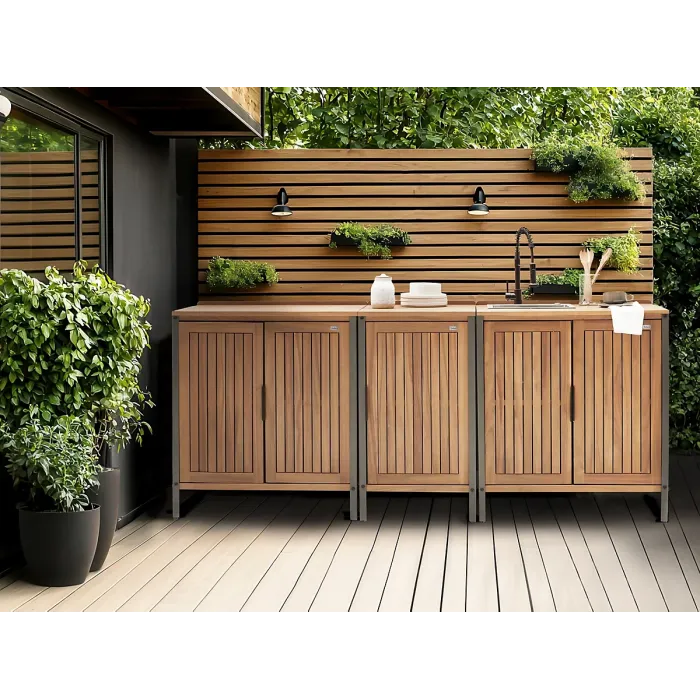 Outdoor Kitchen Cabinet with Sink IVREA Certified Acacia Wood Brown/ Black