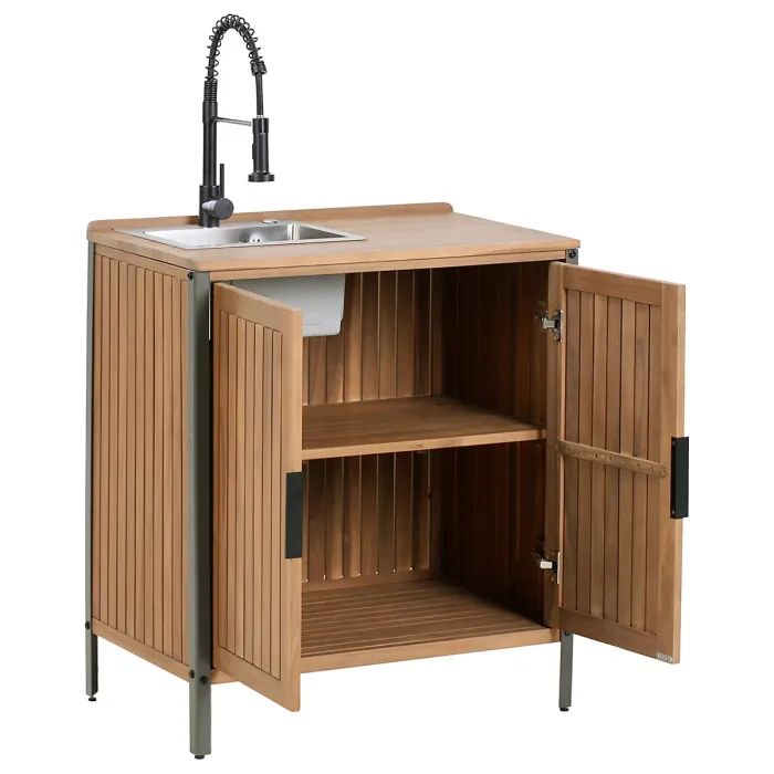 Outdoor Kitchen Cabinet with Sink IVREA Certified Acacia Wood Brown/ Black