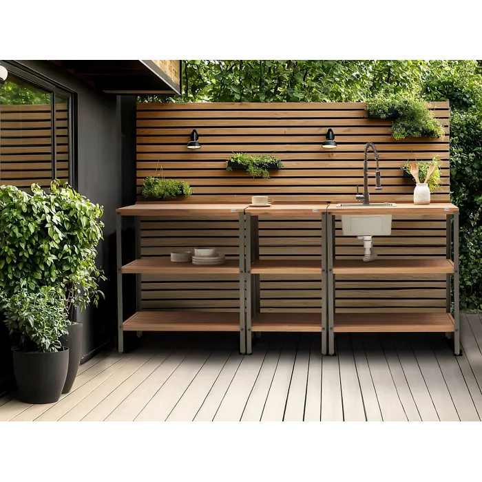 Outdoor Kitchen Island with Sink IVREA Certified Acacia Wood Brown/ Black