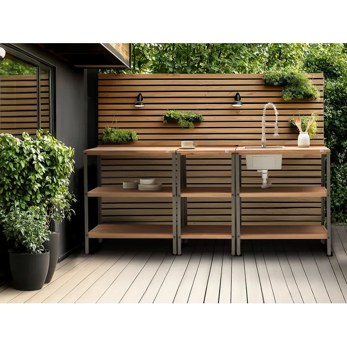 3 Piece Outdoor Kitchen Set with Sink IVREA Certified Acacia Wood Brown/ Silver