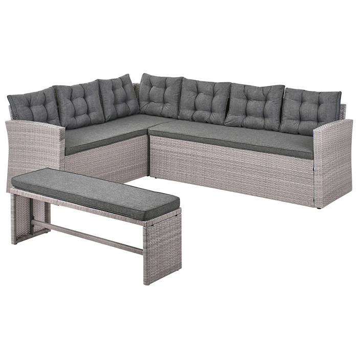 8 Seater PE Rattan Garden Corner Sofa with Bench Grey VITERBO