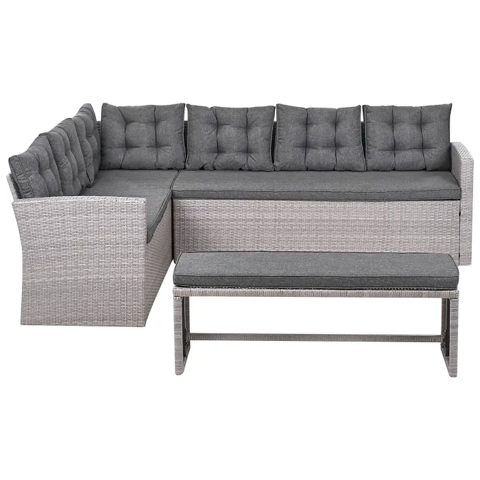 8 Seater PE Rattan Garden Corner Sofa with Bench Grey VITERBO