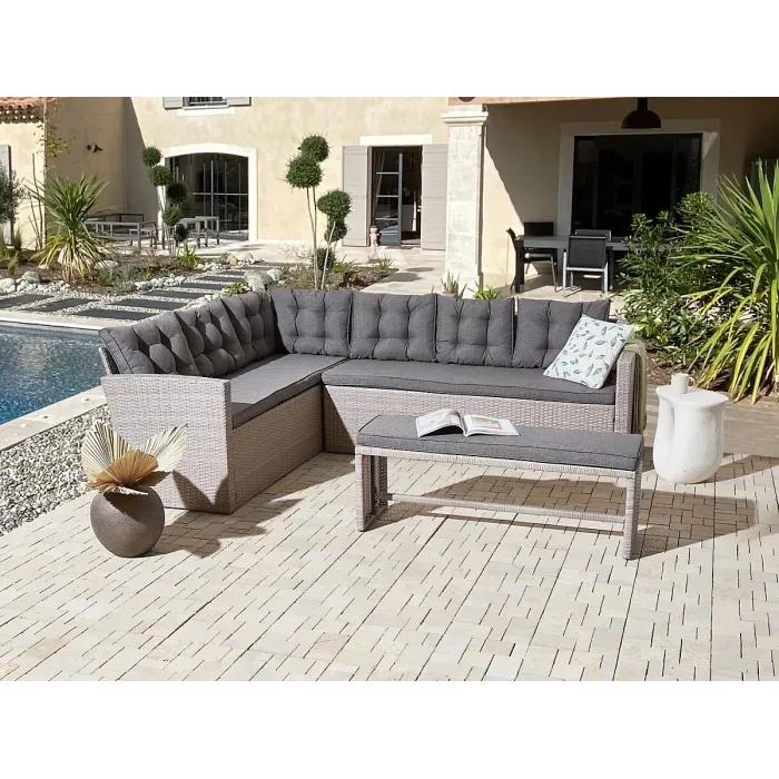8 Seater PE Rattan Garden Corner Sofa with Bench Grey VITERBO