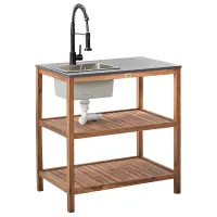 Outdoor Kitchen Island with Sink BRUCOLI Acacia Wood Brown/ Black