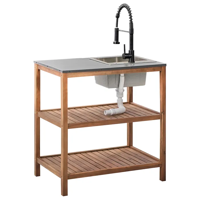 Outdoor Kitchen Island with Sink BRUCOLI Acacia Wood Brown/ Black