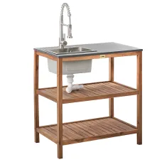 Outdoor Kitchen Island with Sink BRUCOLI Acacia Wood Brown/ Silver
