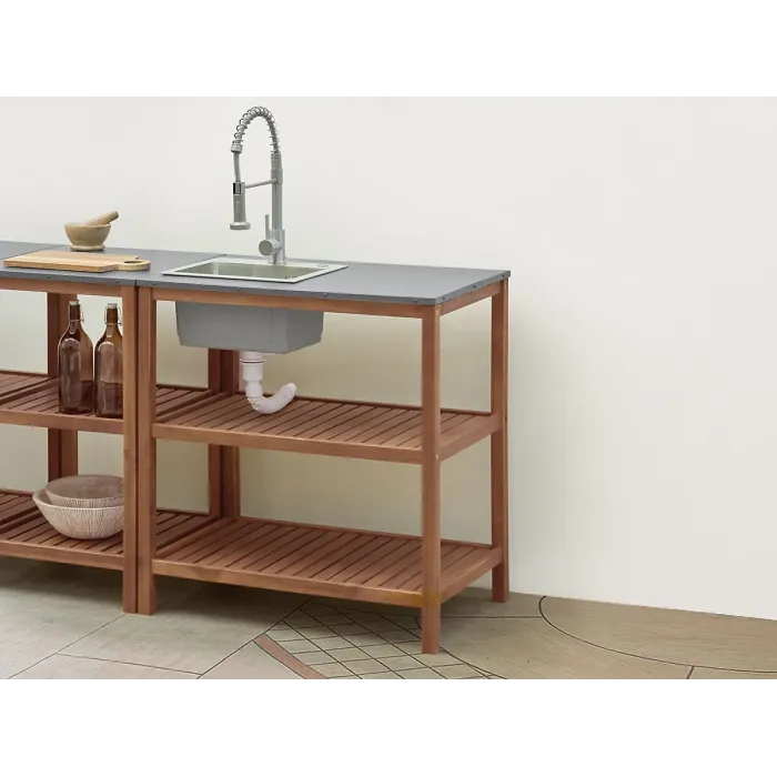 Outdoor Kitchen Island with Sink BRUCOLI Acacia Wood Brown/ Silver