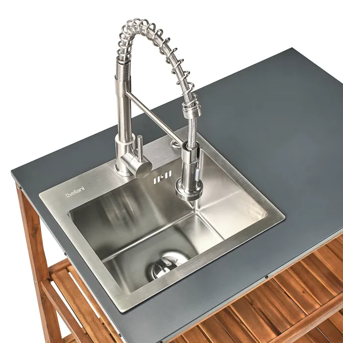 Outdoor Kitchen Island with Sink BRUCOLI Acacia Wood Brown/ Silver