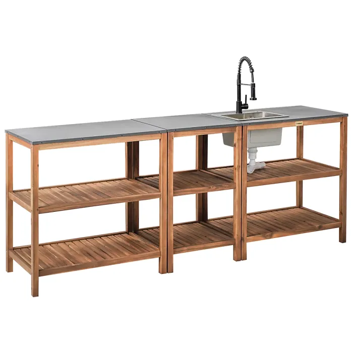 3 Piece Outdoor Kitchen Set with Sink BRUCOLI Acacia Wood Brown/ Black