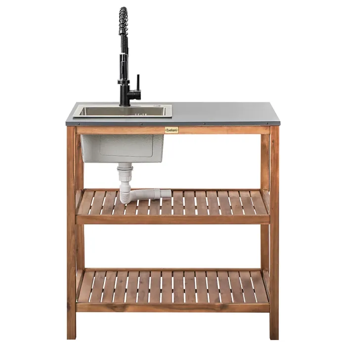 3 Piece Outdoor Kitchen Set with Sink BRUCOLI Acacia Wood Brown/ Black