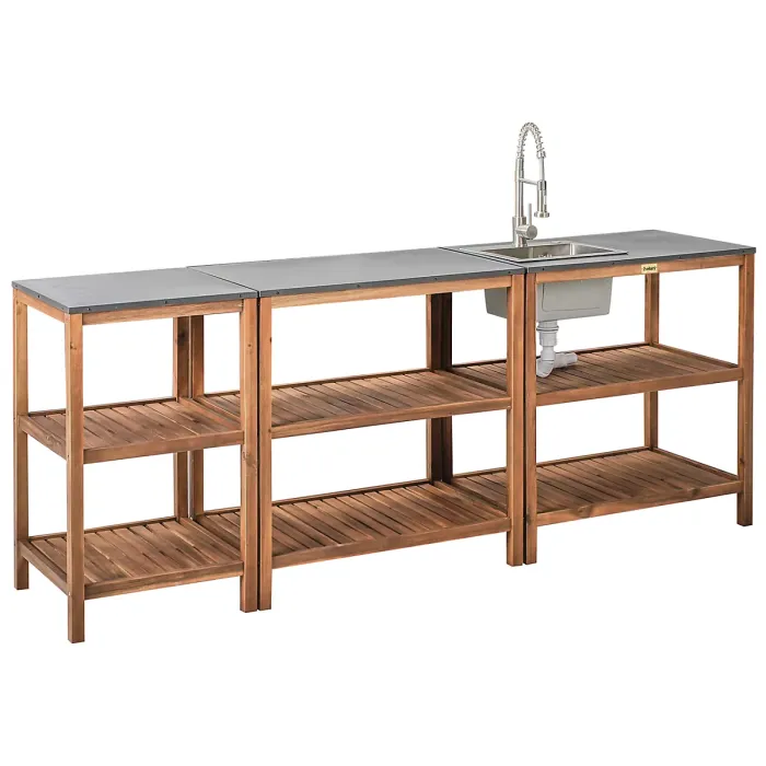 3 Piece Outdoor Kitchen Set with Sink BRUCOLI Acacia Wood Brown/ Silver