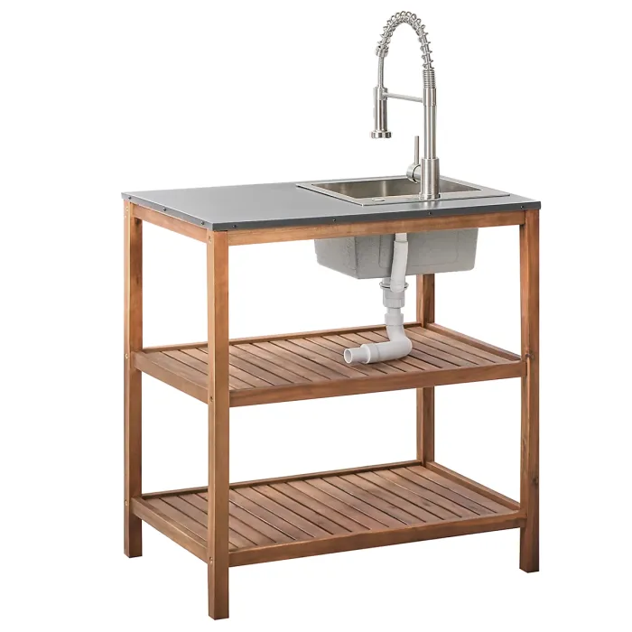 3 Piece Outdoor Kitchen Set with Sink BRUCOLI Acacia Wood Brown/ Silver