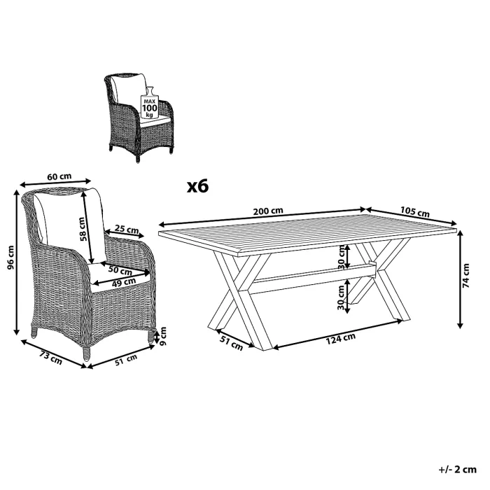Garden Dining Set 6 Seater CASCAIS with Cushions PE Rattan Grey