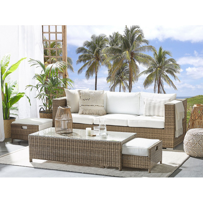 Garden Lounge Set with Table and Ottoman 5 Seater BELLUNO PE Rattan White