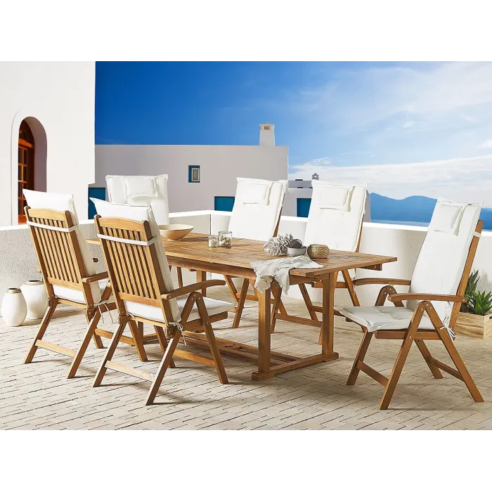 Garden Dining Set 6 Seater JAVA with Cushions Acacia Wood Off-White