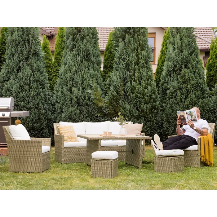 Garden Lounge Set with Table and Ottoman 5 Seater FONTI with Cushions PE Rattan Brown