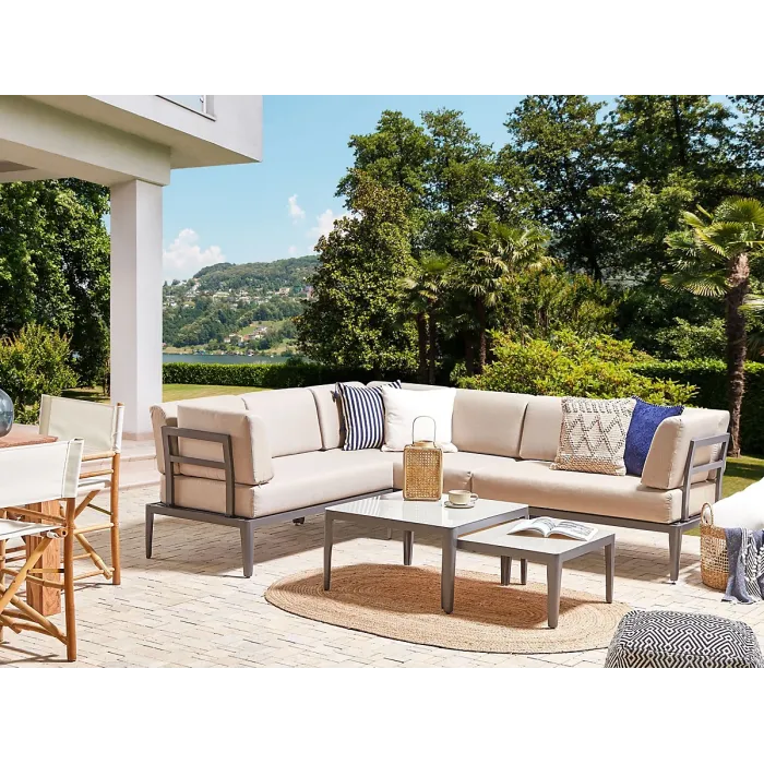 Garden Corner Sofa with Table 6 Seater RIMA III Left Hand Modular Metal Beige