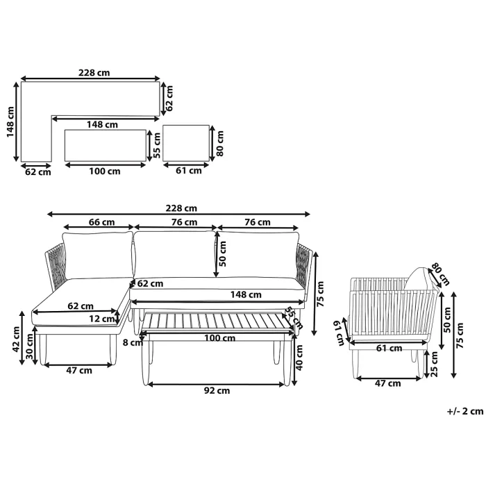 Garden Lounge Set with Table 4 Seater CREMONA Right Hand Acacia Wood Off-White