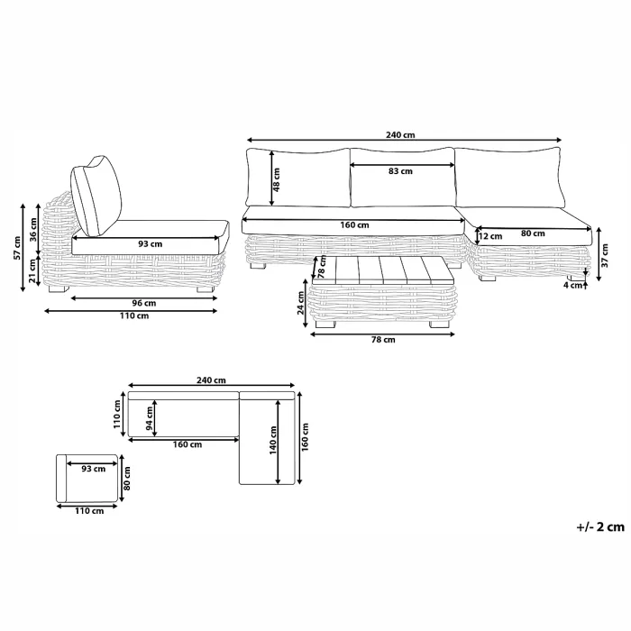 Garden Lounge Set with Table 4 Seater VARALLO Right Hand Modular Rattan Natural