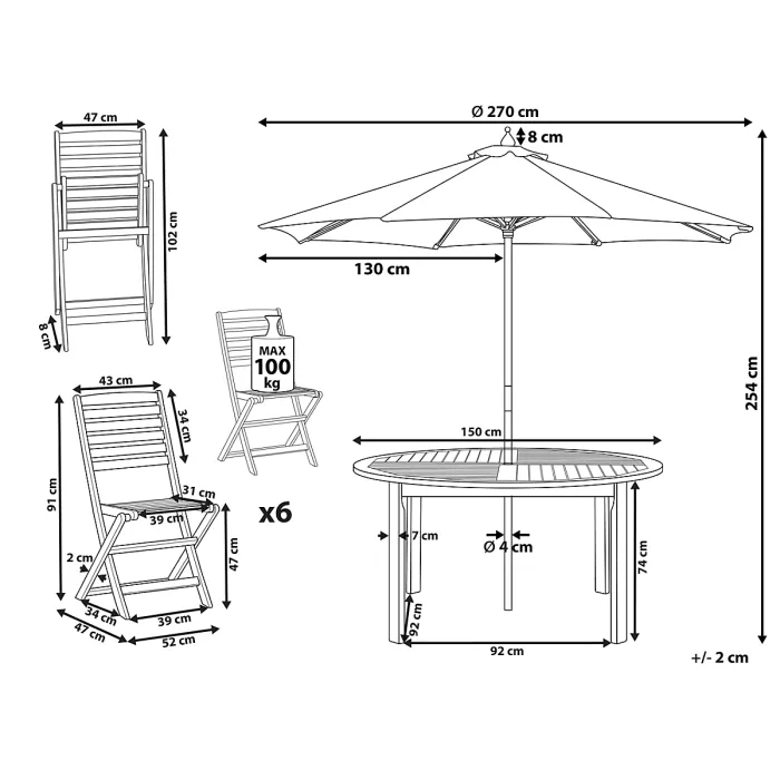 6 Seater Acacia Wood Garden Dining Set TOLVE with Beige Parasol