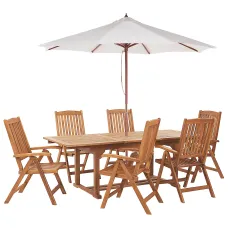 Garden Dining Set 6 Seater JAVA with Parasol (12 Options) Acacia Wood Light Brown