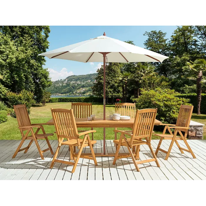 Garden Dining Set 6 Seater JAVA with Parasol (12 Options) Acacia Wood Light Brown