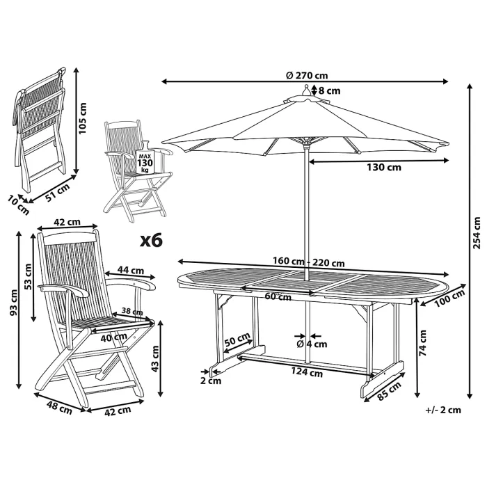 6 Seater Acacia Wood Garden Dining Set MAUI with Parasol in Beige