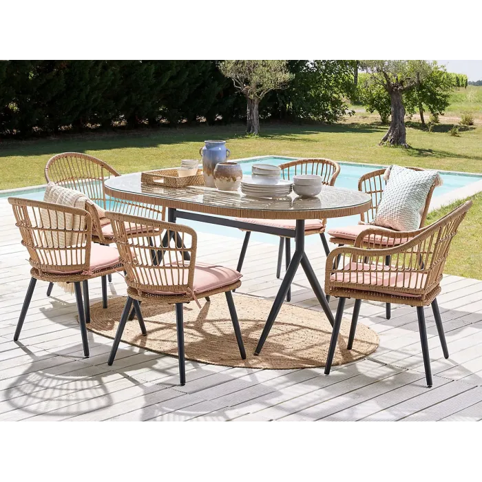 Garden Dining Set 6 Seater ALIANO with Cushions PE Rattan Pastel Pink