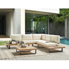 Garden Corner Sofa with Table 5 Seater MYKONOS Right Hand Certified Acacia Wood Off-White